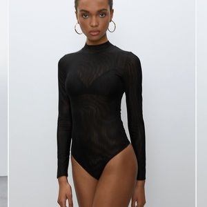 Babaton Aritzia Parlay Mesh body suit thong black XS turtle neck